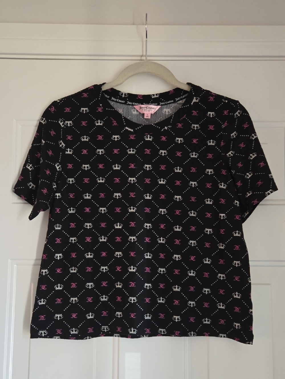 Juicy Couture Black Tee with White Crown & Pink Logo Print Sleepwear Size Large